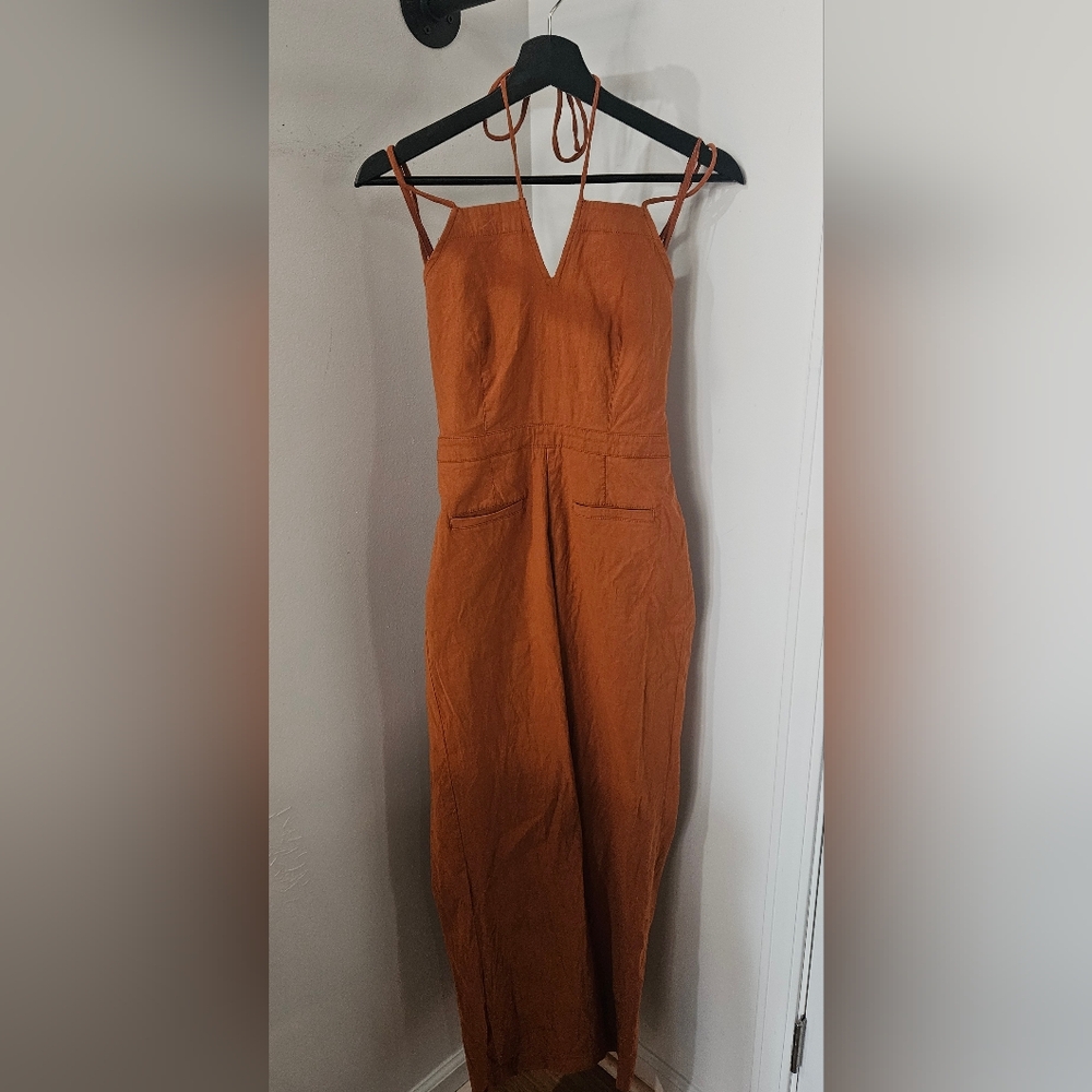 Anthropologie Burnt Orange Linen-Blend Strappy Jumpsuit